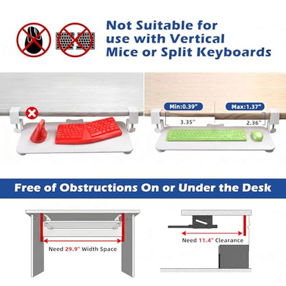 White Keyboard Tray Under Desk Clamp, 26.77" Large Under Desk Keyboard Tray Slide Out, Ergonomic Keyboard and Mouse Tray with Wrapped Edge Finish, Modern Desk Extender for Home Office - color: White