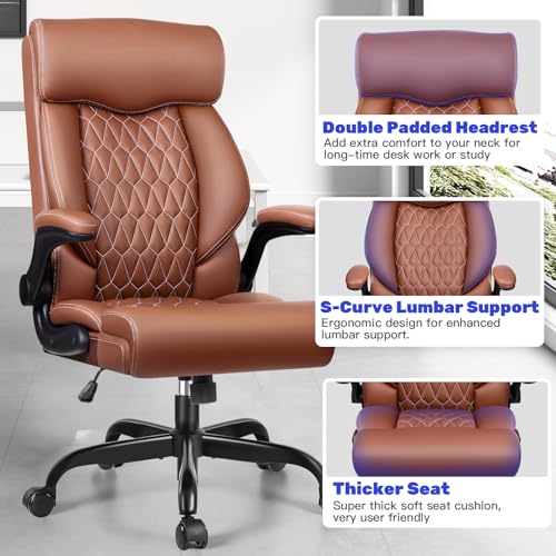 High Back Executive Office Chair - Ergonomic Computer Desk with Rocking Function, Leather Managerial with Adjustable Flip-Up Armrests and Lumbar Support - color: Brown, style: Without Footrest