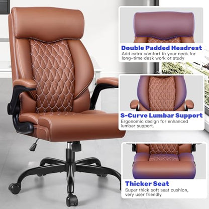 High Back Executive Office Chair - Ergonomic Computer Desk with Rocking Function, Leather Managerial with Adjustable Flip-Up Armrests and Lumbar Support - color: Brown, style: Without Footrest