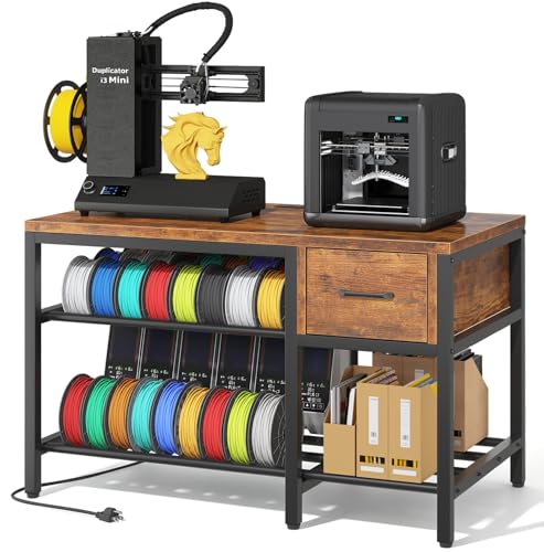 3D Printer Stand with Filament Storage – Heavy Duty Metal 3D Printer Table with Drawer and Power Hub for Workshop, Studio, and Office - color: Brown, size: 39.4" x 24" x 28" H