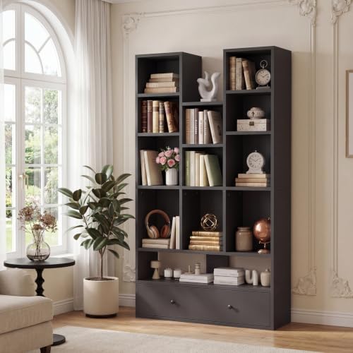 PUKAMI 65" Tall Bookshelf with Drawers, 4-Tier Open Display Bookcase with 11 Storage Cubes, Modern Freestanding Organizer for Living Room Home Office, Black - color: Black