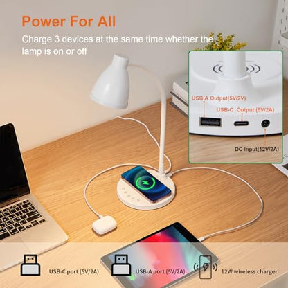 BOHON LED Desk Lamp for Home Office with USB C Charging Wireless Charger - color: White, size: Standard