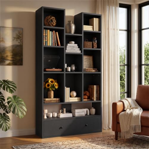 PUKAMI 65" Tall Bookshelf with Drawers, 4-Tier Open Display Bookcase with 11 Storage Cubes, Modern Freestanding Organizer for Living Room Home Office, Black - color: Black