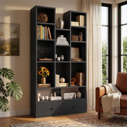 PUKAMI 65" Tall Bookshelf with Drawers, 4-Tier Open Display Bookcase with 11 Storage Cubes, Modern Freestanding Organizer for Living Room Home Office, Black - color: Black