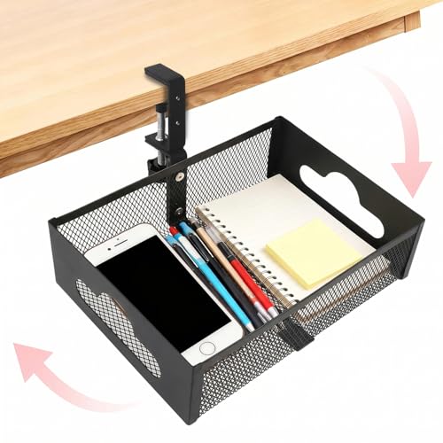Under Desk Organizer 360° Swivel,No-Drill Clamp-On,Holds Up to 7lbs | 360° rotation,no-drill clamp,holds up to 7lbs, cup holder,mesh storage,office/kitchen/art use - size: without holder cup