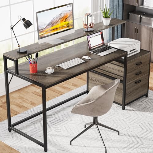Tribesigns 63 Inch Computer Desk with File Drawer Cabinet, Home Office Desk - color: Grey