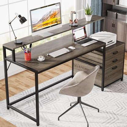 Tribesigns 63 Inch Computer Desk with File Drawer Cabinet, Home Office Desk - color: Grey
