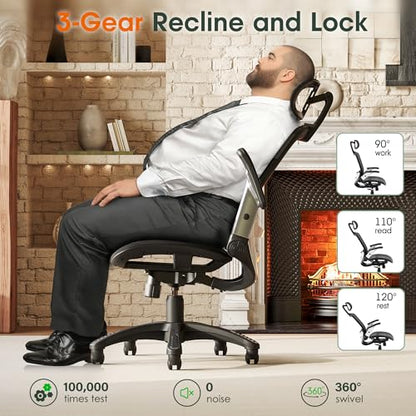 GABRYLLY Ergonomic Office Chair, High Back Home Desk Chair with Headrest, Flip-Up Arms, 90-120° Tilt Lock and Wide Cushion, Big and Tall Mesh Chairs for Man Woman, Black Task Chair - color: Black