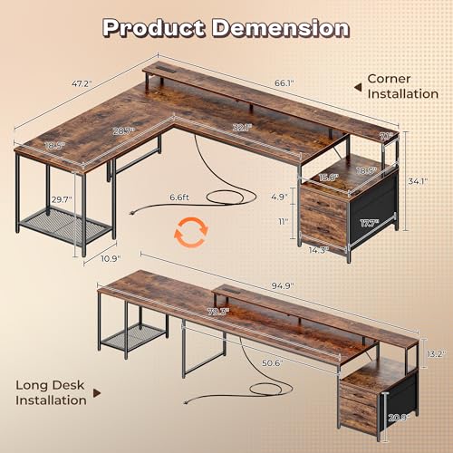 PRAISUN 66" L Shaped Gaming Desk with LED Lights & Power Outlets - color: Rustic Brown