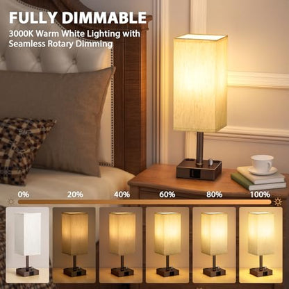 Brown Bedside Table Lamps Set of 2 - Dimmable, USB C+A, 2 AC Outlets | Stepless Dimmable by Rotary Knob, 3000K LED Bulbs Included, Square Cream Linen Shade, Nightstand Lamp for Living Room, Desk - color: Brown