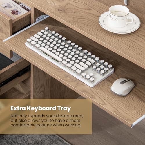 Tangkula Computer Desk with 3 Storage Drawers & Built-in Charging Station, Home Office Desk with Keyboard Tray, PC Desk Study Writing Desk, Vanity Table for Bedroom, Computer Workstation (Natural) - color: Natural