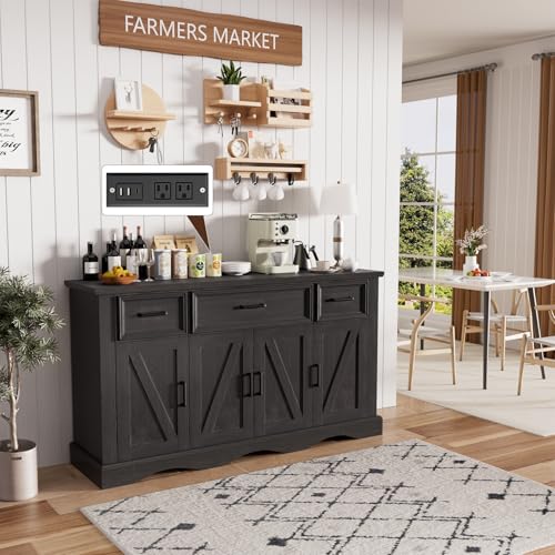 56" Buffet Cabinet Sideboard with Storage: Built-in Charging Station, Farmhouse Wood Coffee Wine Bar, Furniture with Drawers and Doors for Living Room, Black - color: Black, size: 3 drawers and 4 doors