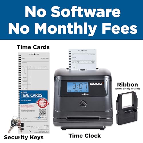Pyramid Time Systems - Model 5000 Auto Totaling Time Clock, Employee in/Out Time Tracker for Small Business, Includes: 25 Time Cards,1 Ink Ribbon Cartridge, 2 Security Keys and User Guide - Black - style: Music