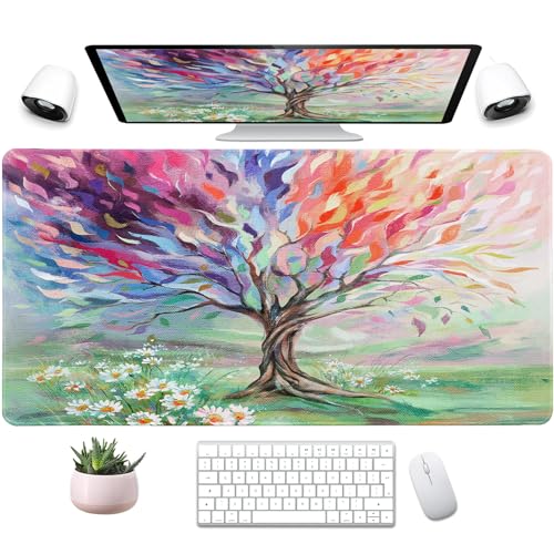 Desk Pad Oil Painting Tree, Desk Matt for Desktop, Seasons Tree of Life Gaming Mouse pad Extend XXL Large Anti-Slip Stitched Edges Waterproof Computer Laptop Keyboard Mat for Game, Home, Work, Office - color: Oil Painting Tree, size: 31.5L x 15.7W inches
