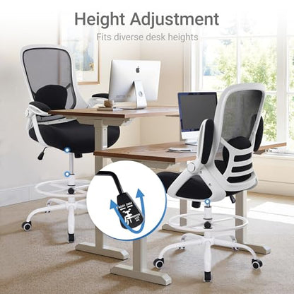 HYLONE 400lbs Heavy Duty Drafting Chair 5" Thickened Seat Office Chair with Flip-Up Armrests Tall Ergonomic Computer Chair with Lumbar Support and Adjustable Footrest Ring Standing Desk Chair (Black) - color: Black&white