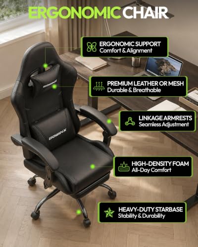 Dowinx Ergonomic Gaming Chair with Footrest & Massage Lumbar, 2D-Linkage Armrests for Computer Chair 330lbs with Headrest Pillow for Office, Home, Streaming and Long Gaming Sessions, Black - color: Black