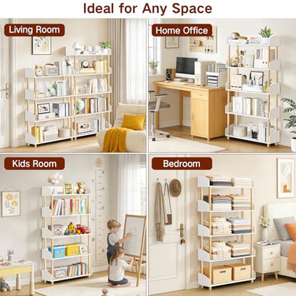 5-Tier Wooden Bookshelf, Modern Open Bookcase with Solid Wood Frame and Top Edge, Sturdy Freestanding Storage Organizer for Living Room, Bedroom, Home Office (White)