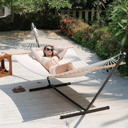 Lazy Daze Double Quilted Hammock with Pillow for Outside, Fit 13-15Ft Stand - color: Natural
