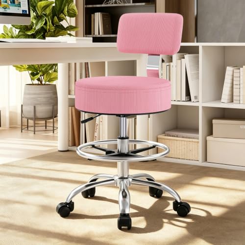 Office Drafting Chair with Footrest, Tall Height Adjustable Stool with Back Support, Heavy Duty Rolling Stool Chair with Wheels for Office Home Kitchen Bar Shop Guitar Studio Vanity, Pink - color: Pink