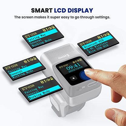 Eyoyo 2D 1D Mini Wearable Finger Ring Bluetooth Barcode Scanner with Screen | Left&Right-Handed Use, Wireless QR Code Scanner Reader Inventory, Support Screen Scan, Compatible with iPad iPhone Android - color: Grey