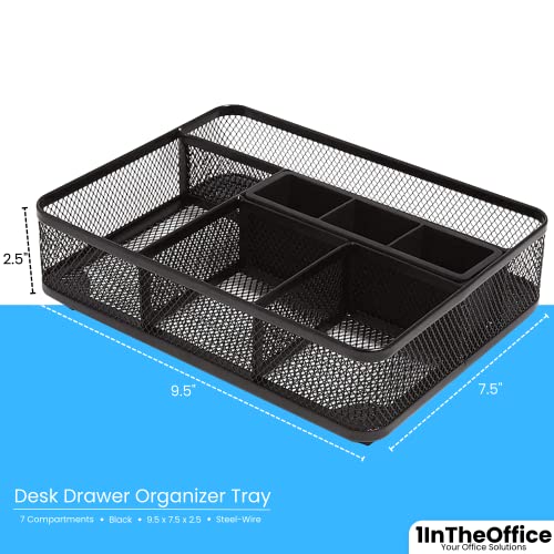 1InTheOffice Mesh Collection Desk Drawer Organizer Tray, Black, 7 Compartment
