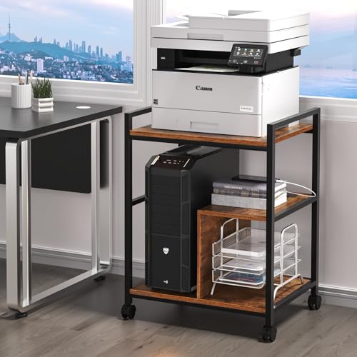 Lerliuo 24" Wide Large Printer Stand with Storage, Brown | Printer Table for Home Office with Charging Station, 3 Tier Industrial Mobile Printer Cart with Lockable Wheels - color: Brown