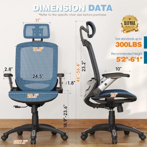 GABRYLLY Ergonomic Office Chair, High Back Home Desk Chair with 2D Flip-Up Arms, 3D Headrest, 90-120° Tilt and Wide Cushion, Big and Tall Mesh Chairs for Man Woman, Blue Computer Task Chair - color: Navy Blue