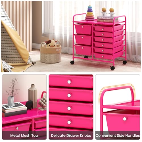 RELAX4LIFE 9 Drawer Rolling Storage Cart - Mobile Drawer Carts for Craft Art Supply Paper Salon, Utility Cart on Wheels for Classroom Teacher School Office, Rolling Cart with Drawers (Hot Pink) - color: Hot Pink, style: 9 Drawers