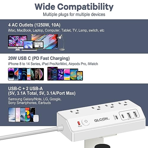 Desk Clamp Power Strip with USB C,Surge Protector Power Strip | 4 AC Outlets & 4 USB Ports Charging Station, Desktop Mount Surge Protector Extender, Multi Plug Outlet ,White - color: White