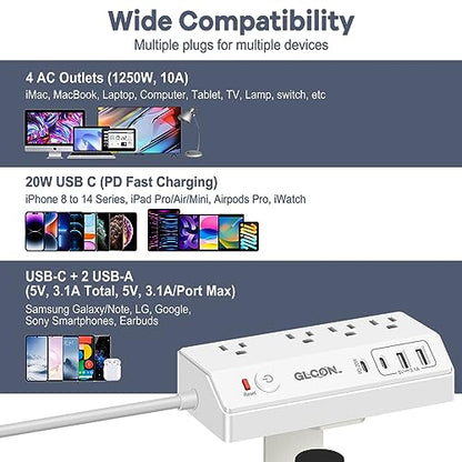 Desk Clamp Power Strip with USB C,Surge Protector Power Strip | 4 AC Outlets & 4 USB Ports Charging Station, Desktop Mount Surge Protector Extender, Multi Plug Outlet ,White - color: White