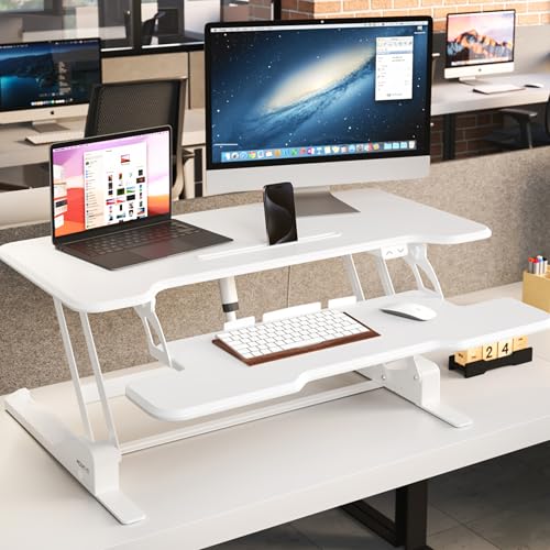 Mount-It! Electric Standing Desk Converter White 38 Inch Wide Tabletop, Stand up Desk Riser, Height Adjustable Sit Stand Desk, Fits Dual Monitors, Keyboard Tray, Device Slot, Monitor & Laptop - color: White