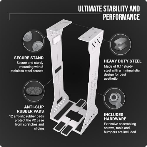 Heavy Duty Under Desk PC Holder – Up to 77 lbs Load Capacity - Adjustable Computer Tower Holder - Under Desk Computer Mount (White) - color: White