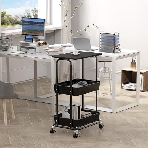 Simple Houseware 2-Tier Rolling Utility Cart Wood Top/Lockable Wheel, Black | Metal Storage Organizer Trolley for Kitchen, Bathroom, Office, Craft Room - color: Black