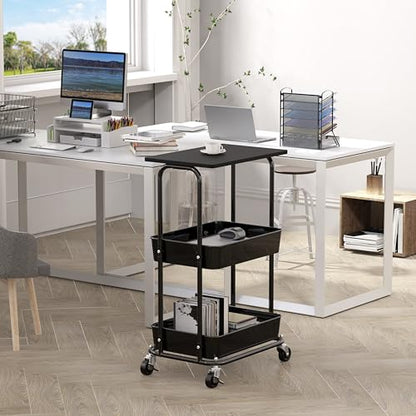 Simple Houseware 2-Tier Rolling Utility Cart Wood Top/Lockable Wheel, Black | Metal Storage Organizer Trolley for Kitchen, Bathroom, Office, Craft Room - color: Black