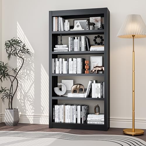 5-Tier Metal Bookshelf, 69″ Heavy-Duty Bookcase, Adjustable Sturdy Shelves - color: Black, size: 31.5"W