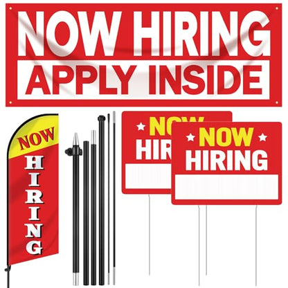4 Pcs Feather Flag Set Include 2 Now Hiring Sign with Stake 7 ft