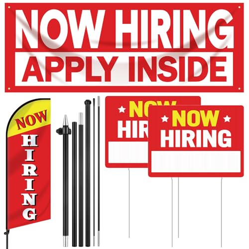 4 Pcs Feather Flag Set Include 2 Now Hiring Sign with Stake 7 ft