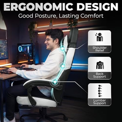 N-GEN GAMING Gaming Chair Big and Tall Computer Heavy Duty Office Desk Chair with Footrest Ergonomic Lumbar Support High Back Recliner for Adults (White) - color: White