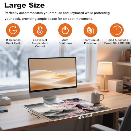 Heated Desk Pad 23.6" x 14.2" 3 Large Heated Mouse Pad with Heat Levels (40°C/45°C/50°C) & 3H Auto Shut-Off Desk Mat Fast Heating PU Leather Warmer Mousepad for Home Office - Cherry Blossom and Moon - color: Cherry Blossom and Moon, size: 23.6 x 14.2 inch