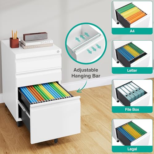 Assembled 3 Drawer File Cabinet with Wheels,Under Desk File Cabinet with Lock,White Rolling Filing Cabinets, Metal Filing Cabinets for Home Office,Fit A4/Letter/Legal,Pre-Assembled Except Caster - color: White, style: 3 Drawer