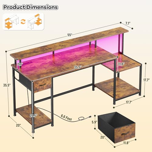 DurayLoly Computer Desk with 55" Long Monitor Stand, 18"Ample Printer Space | Storage Drawer and File Shelves,Versatile RGB LED Lighting,Built-In USB Outlet,Sturdy Metal Frame,Bedroom Writing Desk,Brown - color: Rustic Brown