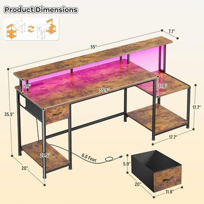 DurayLoly Computer Desk with 55" Long Monitor Stand, 18"Ample Printer Space | Storage Drawer and File Shelves,Versatile RGB LED Lighting,Built-In USB Outlet,Sturdy Metal Frame,Bedroom Writing Desk,Brown - color: Rustic Brown