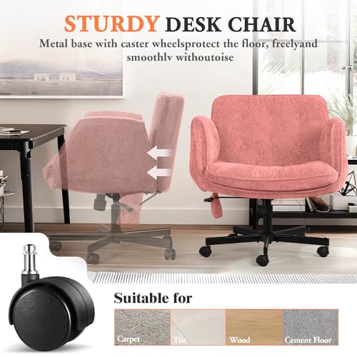 Criss Cross Chair with Lumbar Airbag & Folding Arms Relieve Back Pain, Wide Cross Legged Office Chair for Home Office, Comfy Swivel Desk Chair with Wheels, 5 Level Adjustable Armrest, Chenille(Pink) - color: Pink, style: With Airbag Lumbar Support