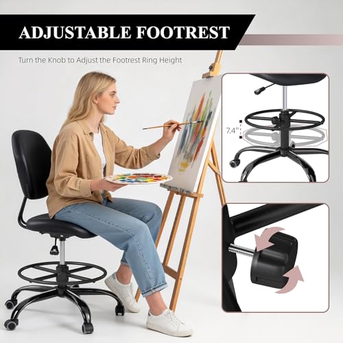 Drafting Chair with Back Support, Tall Desk Rolling Stool (Black, Set of 2) | Armless High Faux Leather Office Chair with Footrest Ring, Height Adjustable, Suitable for Standing Desk, Workbench, Studios - size: 2PK