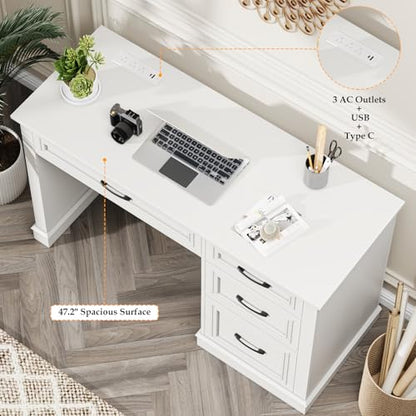 Vabches Farmhouse 47" Workstation Computer Desk with Drawers, Pure White | Executive Desk with File Drawer and Charging Station for Home Office,Study. - color: Pure White