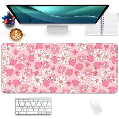 Strawberries and Flowers Extended Desk Pad Mouse Pad,Large Gaming Butterfly Floral Mouse Mat with Stitched Edges,Non-Slip Rubber Base Mousepad for Office PC Keyboard Laptop Home - color: Pink Butterfly Strawberry Flower