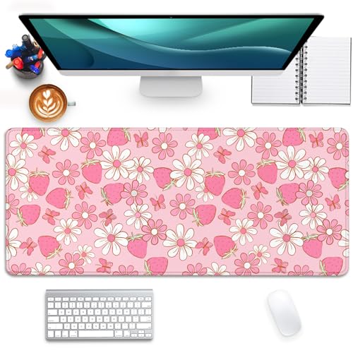 Strawberries and Flowers Extended Desk Pad Mouse Pad,Large Gaming Butterfly Floral Mouse Mat with Stitched Edges,Non-Slip Rubber Base Mousepad for Office PC Keyboard Laptop Home - color: Pink Butterfly Strawberry Flower