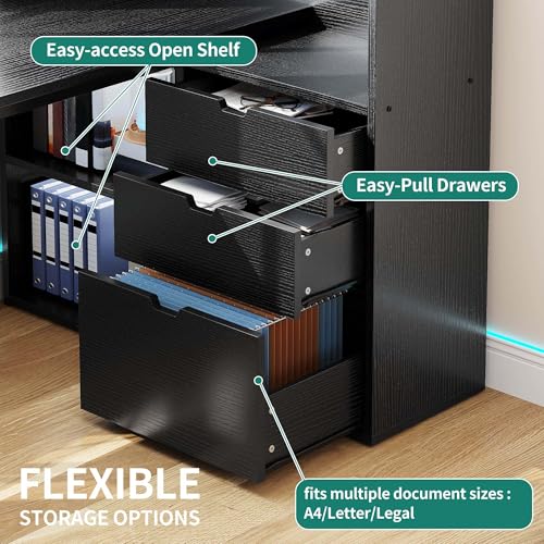 YITAHOME L Shaped LED Desk with Power Outlets & File Cabinet, Black - color: Black