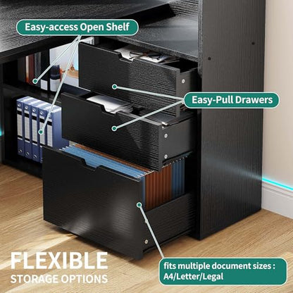YITAHOME L Shaped LED Desk with Power Outlets & File Cabinet, Black - color: Black