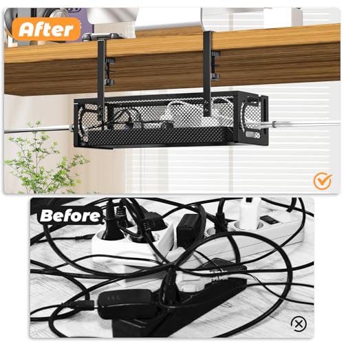 Under Desk Cable Management Tray, 15.7'' No Drill Steel Desk Cable Organizers, Wire Management Tray Cable Management Rack (1 Pack-Black) - color: 1 Pack-15.7"-Black